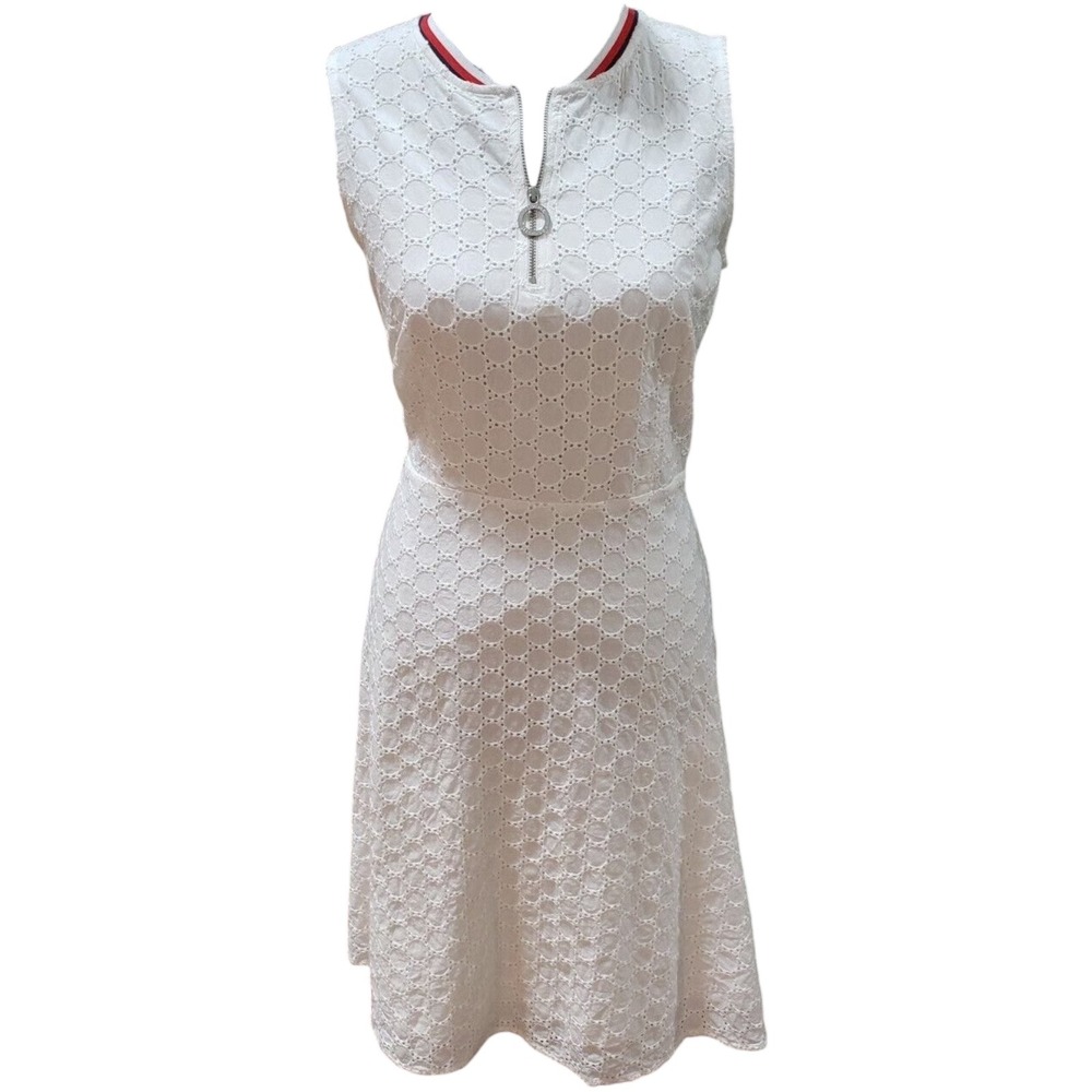Tommy Hilfiger White Eyelet Zip‎ Front Short Sleeve Fit Flare Dress Small NWT